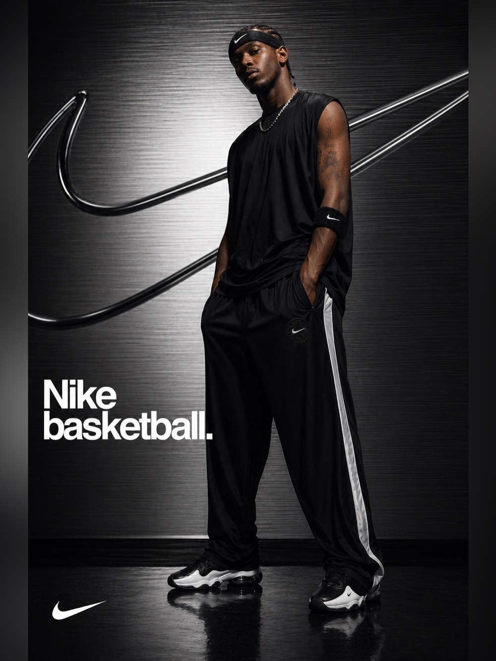Nike Vintage Y2K Warm-up Pants XL Black White Satin Stripes Embroidered Swoosh